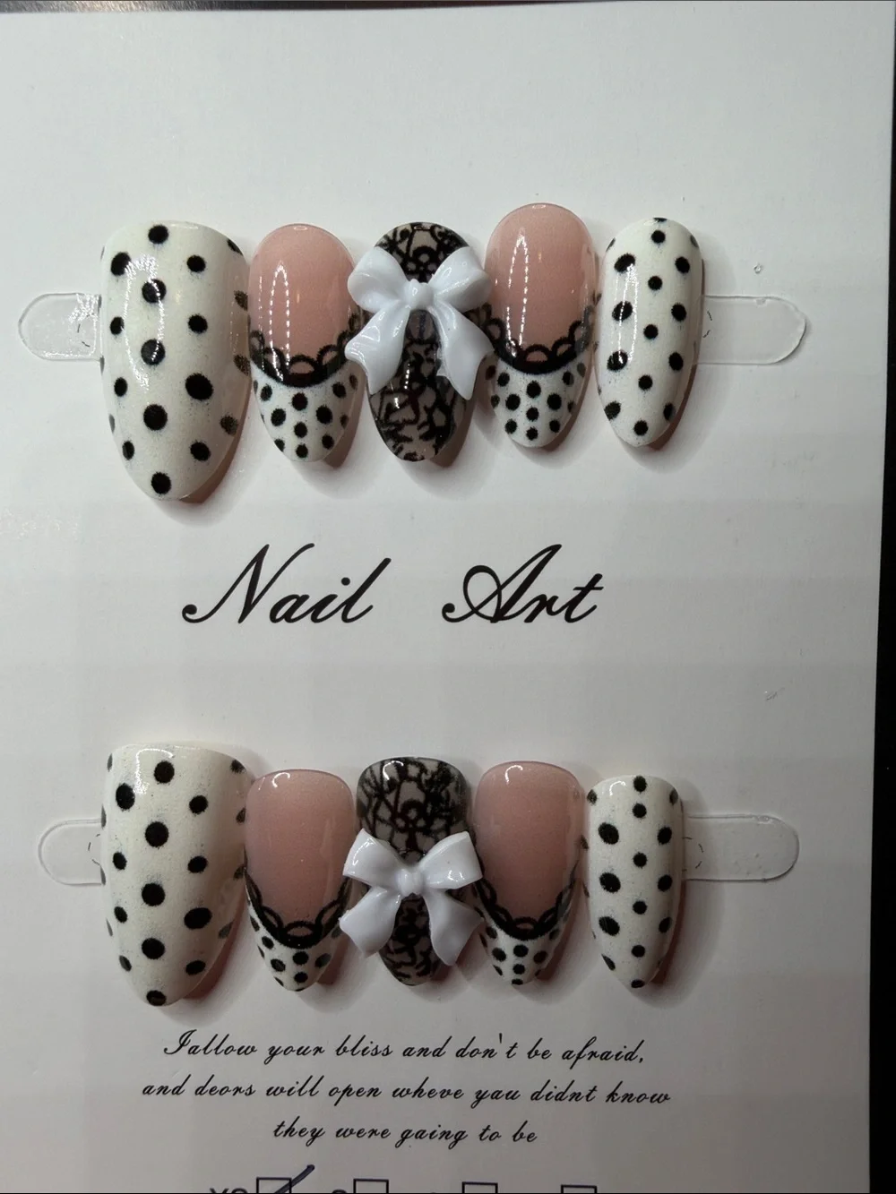 Nail Art Press-On Set in White, Black & Nude with 3D Bow Accent